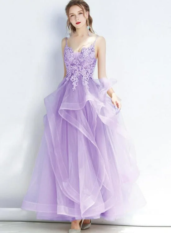 Lovely Tulle Layers Straps Party Dress with Lace, Long Evening Dress Prom Dress Peplum Ruffle Cocktail