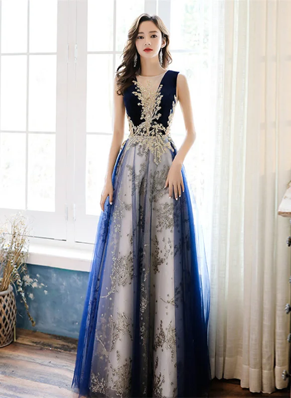 A-line Navy Blue Tulle with Lace Long Party Dress, Navy Blue Floor Length Prom Dress Halter Neckline Beach A-line Navy Blue Tulle with Lace Long Party Dress, Navy Blue Floor Length Prom Dress Halter Neckline Beach