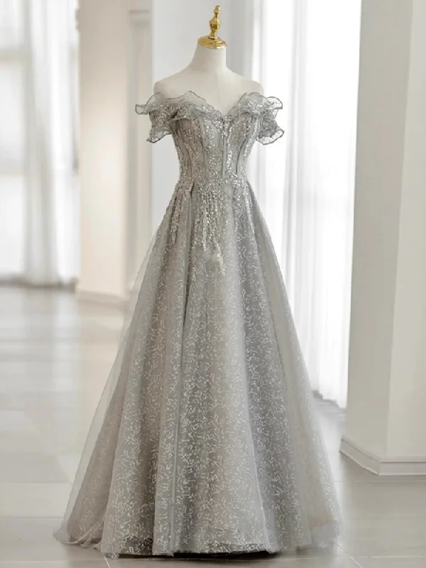 Sliver-Grey Tulle with Sequins Long Party Dress,A-line Floor Length Prom Dresses Tunics Cozy comfortable Sliver-Grey Tulle with Sequins Long Party Dress,A-line Floor Length Prom Dresses Tunics Cozy comfortable