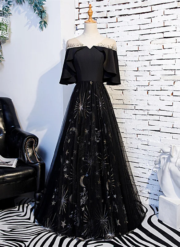 Black Tulle Beaded Long Party Dress, A-line Black Formal Dress Prom Dress Tunics Essential wardrobe Black Tulle Beaded Long Party Dress, A-line Black Formal Dress Prom Dress Tunics Essential wardrobe