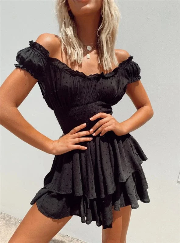 Wood ear side pleated sleeves waist tight irregular hem cake skirt dress Tunics Versatile functional