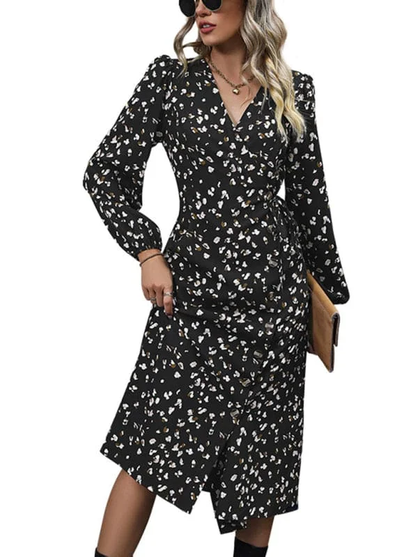 New women's V-neck waist black printed dress Tunics Handmade artisanal