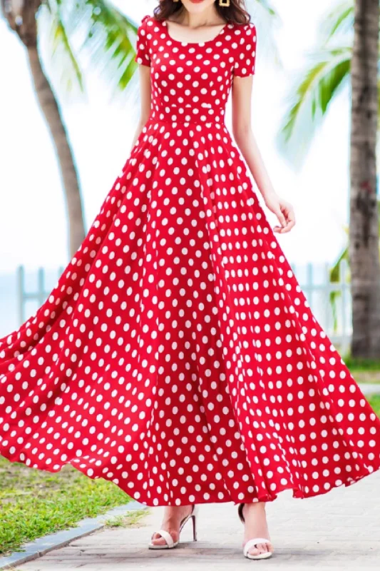 Red and white polka dot long chiffon dress 5157 Pencil Office Professional