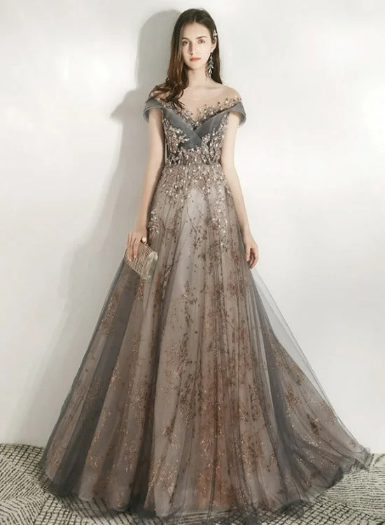 Beautiful Grey Shiny Tulle and Lace Long Formal Dress Party Dress, V-neckline Prom Dress 2022 Tunics Plaid country Beautiful Grey Shiny Tulle and Lace Long Formal Dress Party Dress, V-neckline Prom Dress 2022 Tunics Plaid country
