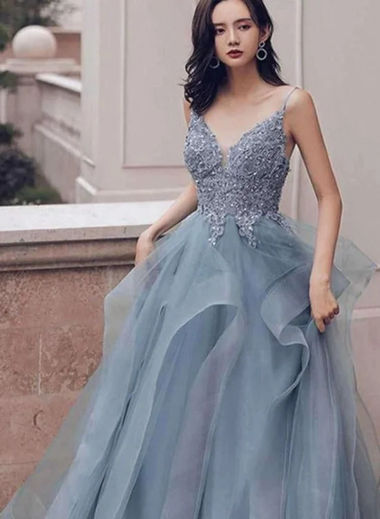 Blue Tulle Deep V-neck Appliqued Multi-Layered Organza Prom Dresses, Long Party Dresses Sequined Elegant Party Blue Tulle Deep V-neck Appliqued Multi-Layered Organza Prom Dresses, Long Party Dresses Sequined Elegant Party
