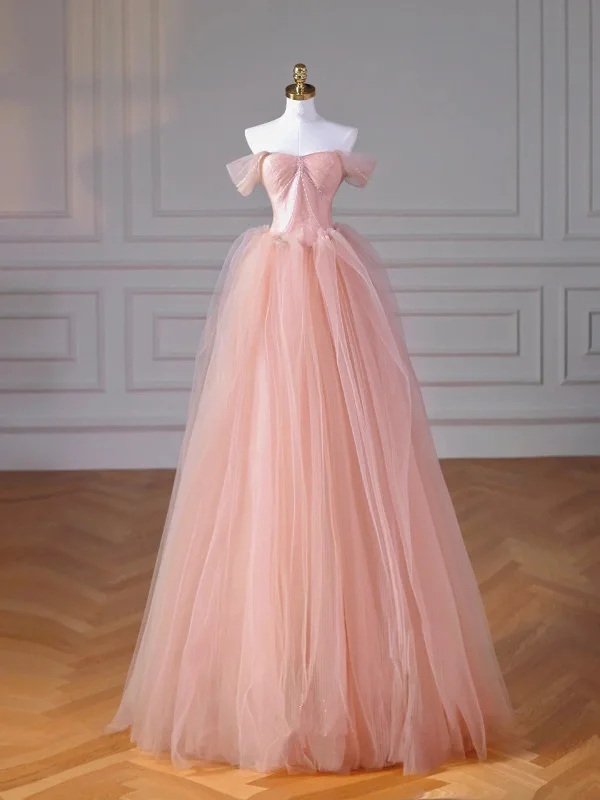 Pink Beaded Tulle A-line Floor Length Party Dress, Pink Tulle Long Prom Dress Tunics Wedding white Pink Beaded Tulle A-line Floor Length Party Dress, Pink Tulle Long Prom Dress Tunics Wedding white