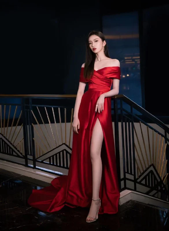 Wine Red Satin Off Shoulder Long Party Dress with Leg Slit, Wine Red Long Prom Dress Tunics Distressed trendy Wine Red Satin Off Shoulder Long Party Dress with Leg Slit, Wine Red Long Prom Dress Tunics Distressed trendy