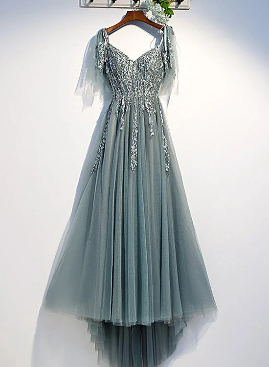 Custom Beautiful Tulle Lace Beaded Tea Length Straps A-line Prom Dress, New Style Junior Party Dresses Chiffon Maxi Beach Custom Beautiful Tulle Lace Beaded Tea Length Straps A-line Prom Dress, New Style Junior Party Dresses Chiffon Maxi Beach