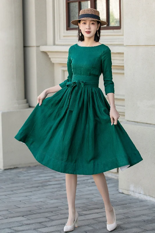 Green fit and flare spring linen dresses women 4897 Tunics Trendy modern