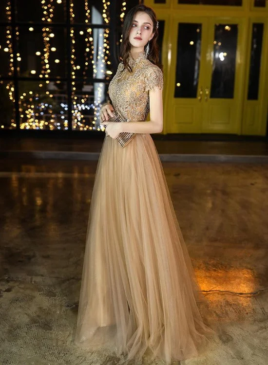 Champagne High Neckline Tulle with Lace Long Party Dresses, A-line Champagne Formal Dress Tunics Short Trendy Champagne High Neckline Tulle with Lace Long Party Dresses, A-line Champagne Formal Dress Tunics Short Trendy