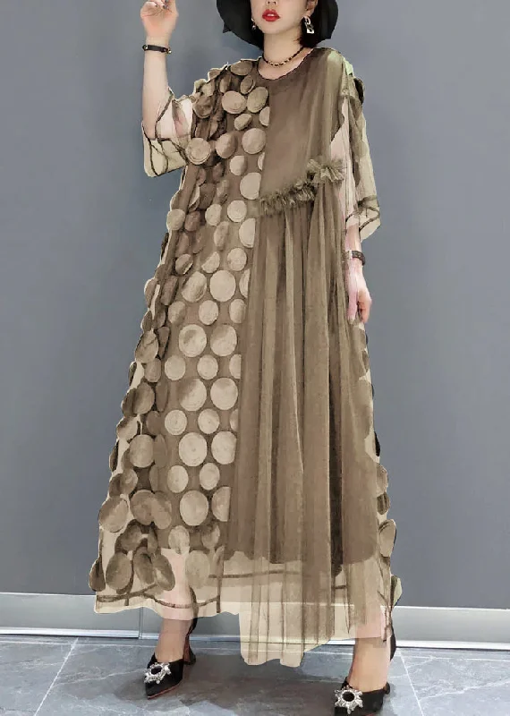 Khaki Tulle Party Dresses O-Neck Asymmetrical Half Sleeve Tunics Lace romantic