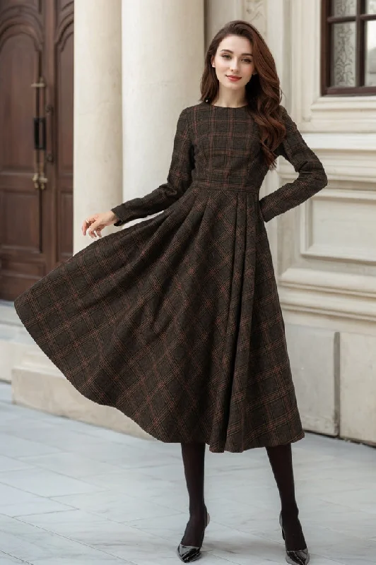 Long sleeves plaid midi wool dress 5303 Tunics Business professional