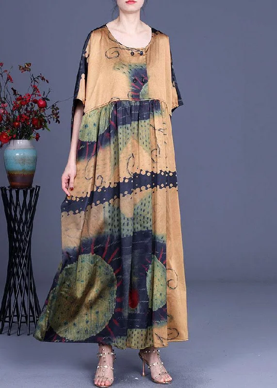 Yellow Print Cinched Summer Silk Party Dresses Tunics Chinos classic