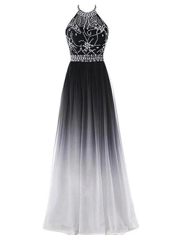 Black and White Gradient Long Halter Beaded Chiffon Party Dress, Charming Formal Dress, Handmade Evening Gowns Tunics Prom sequined