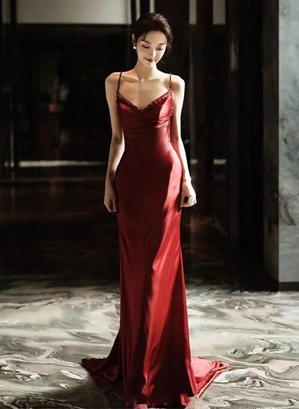 Wine Red Soft Satin Straps V-neckline Party Dress, Wine Red Evening Dress Tunics Modern contemporary