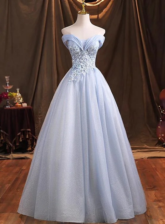 Light Blue Sweetheart Lace Applique Shiny Tulle Long Party Dress, Blue Prom Dress Square Neckline Feminine Light Blue Sweetheart Lace Applique Shiny Tulle Long Party Dress, Blue Prom Dress Square Neckline Feminine