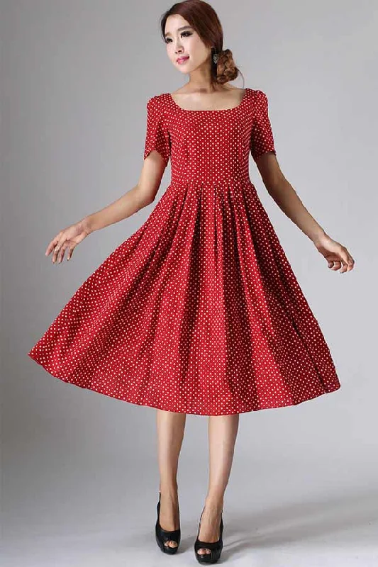 white and red polka dot linen dress, 50S womens swing dress 0974# Boat Neckline Classic white and red polka dot linen dress, 50S womens swing dress 0974# Boat Neckline Classic