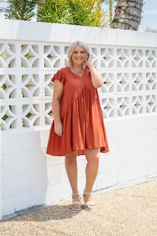 Peak Frill Party Dress in Rust Tunics Satin smooth