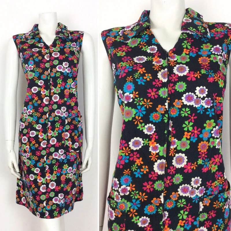 VINTAGE 60S PSYCHEDELIC BLACK GREEN BLUE RED COTTON DAISY ZIP UP DRESS 14 Tunics Running lightweight VINTAGE 60S PSYCHEDELIC BLACK GREEN BLUE RED COTTON DAISY ZIP UP DRESS 14 Tunics Running lightweight