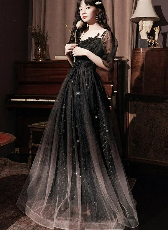 Black A-line Long Party Dress with Lace, Black Floor Length Prom Dress Formal Dress Tunics Designer luxury