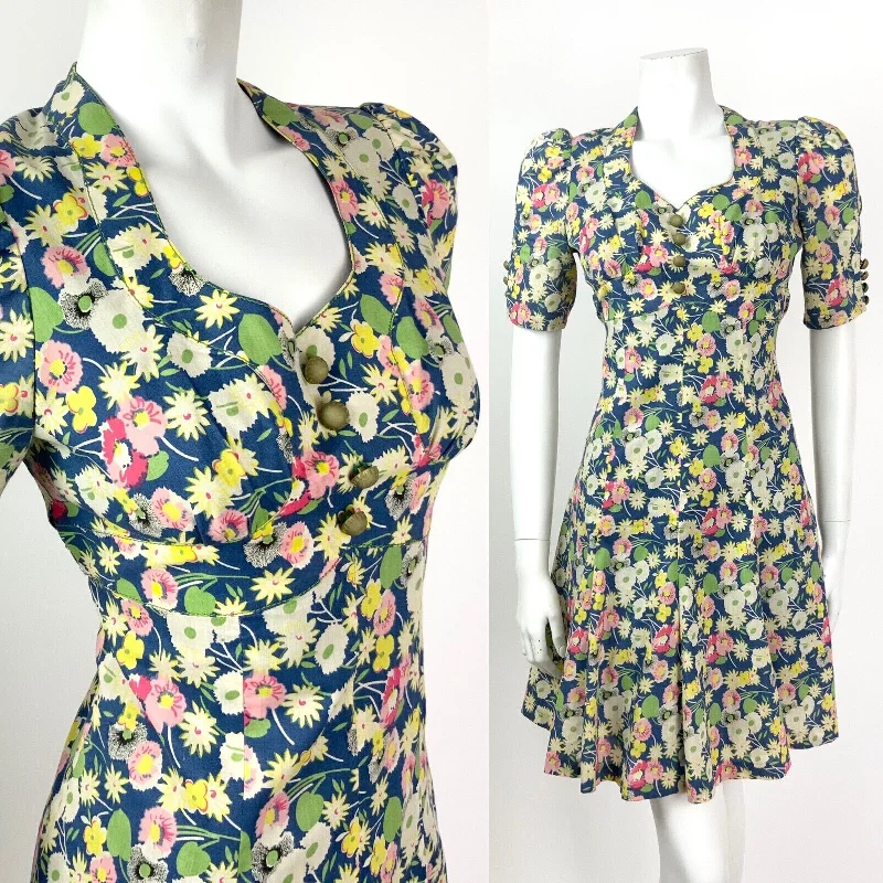 VINTAGE 60s 70s BLUE GREEN WHITE PINK FLORAL LEAFY DITSY TEA DRESS 8 Tunics Canvas sturdy