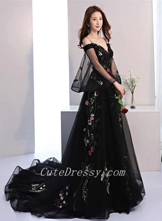 Black Long Puffy Sleeves Tulle with Lace Wedding Party Dresses, Black Floral Prom Dresses Tunics Travel practical Black Long Puffy Sleeves Tulle with Lace Wedding Party Dresses, Black Floral Prom Dresses Tunics Travel practical