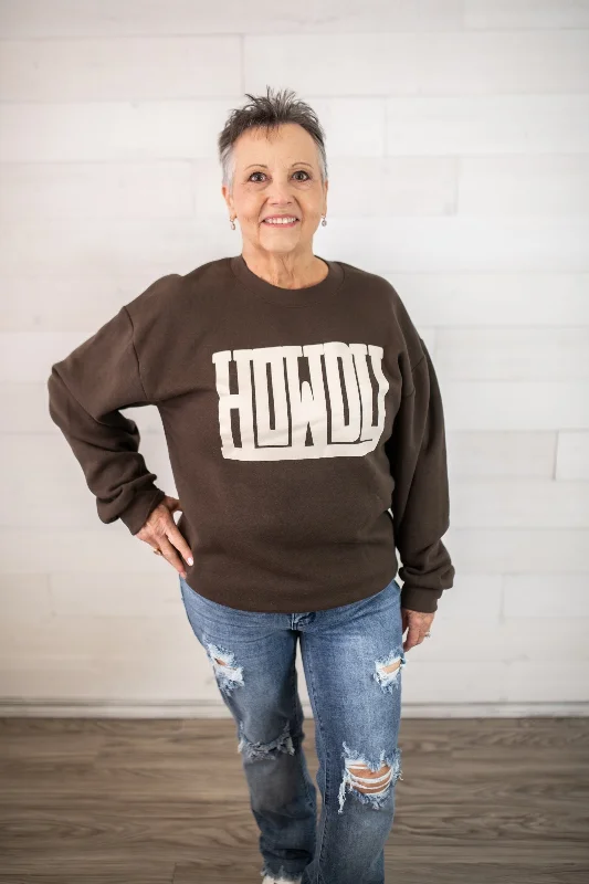 Howdy Fall Sweatshirt-Brown Hoodie with Mock Neck Collared Structured