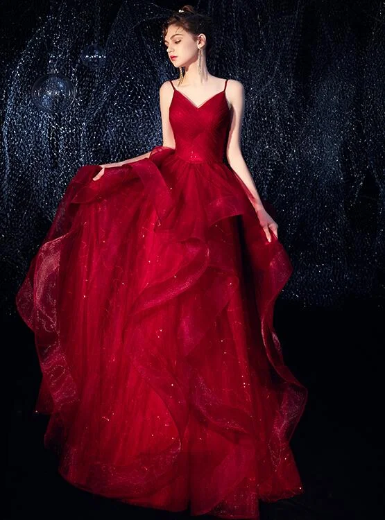 Wine Red Straps Tulle Princess Long Evening Dress Party Dress, Shiny Tulle Evening Gown Tunics Brand named Wine Red Straps Tulle Princess Long Evening Dress Party Dress, Shiny Tulle Evening Gown Tunics Brand named