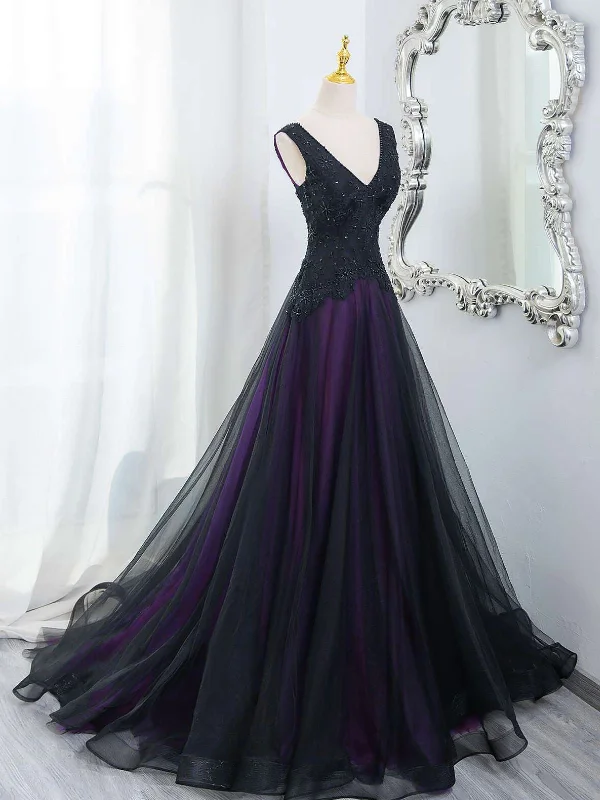 A-line Black and Purple V-neckline Party Dress, Tulle with Lace Prom Dress Evening Dress Tunics Party sparkling A-line Black and Purple V-neckline Party Dress, Tulle with Lace Prom Dress Evening Dress Tunics Party sparkling