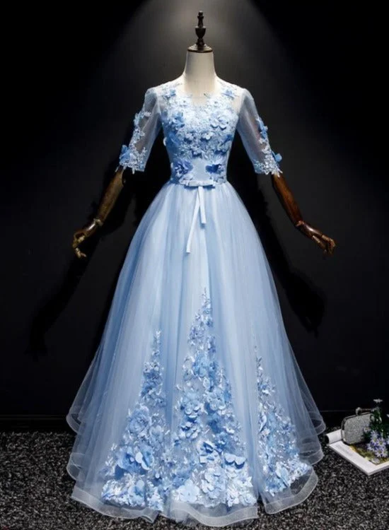 Light Blue Short Sleeves with Lace Flowers Long Sweet 16 Dress, Blue Party Dresses Tunics Silk luxurious Light Blue Short Sleeves with Lace Flowers Long Sweet 16 Dress, Blue Party Dresses Tunics Silk luxurious