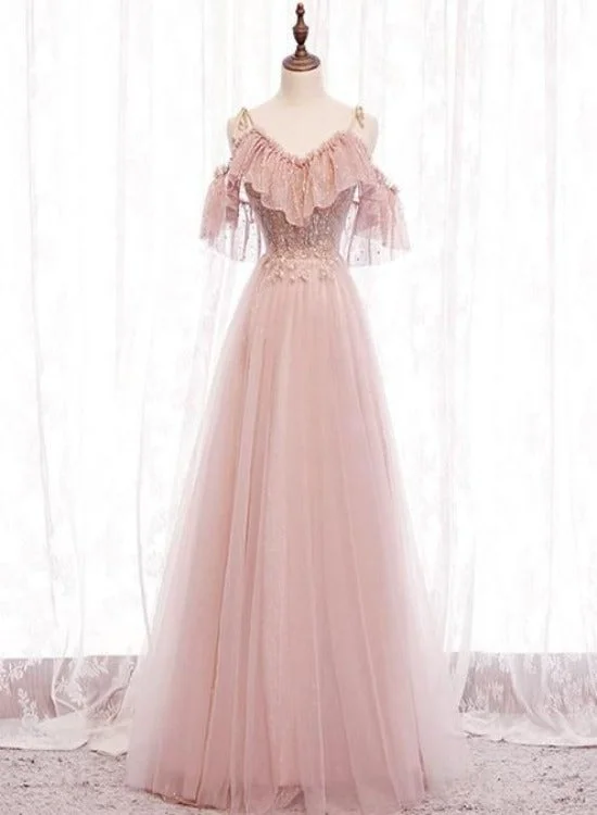 Pink Off Shoulder Lace with Tulle A-line Prom Dresses, Pink Floor Length Party Dresses Tunics Print Colorful Pink Off Shoulder Lace with Tulle A-line Prom Dresses, Pink Floor Length Party Dresses Tunics Print Colorful