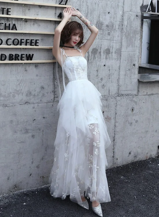 Lovely White Tulle Straps Layers Formal Dress Party Dress, White Evening Dresses Off-the-shoulder Bohemian Festive Lovely White Tulle Straps Layers Formal Dress Party Dress, White Evening Dresses Off-the-shoulder Bohemian Festive