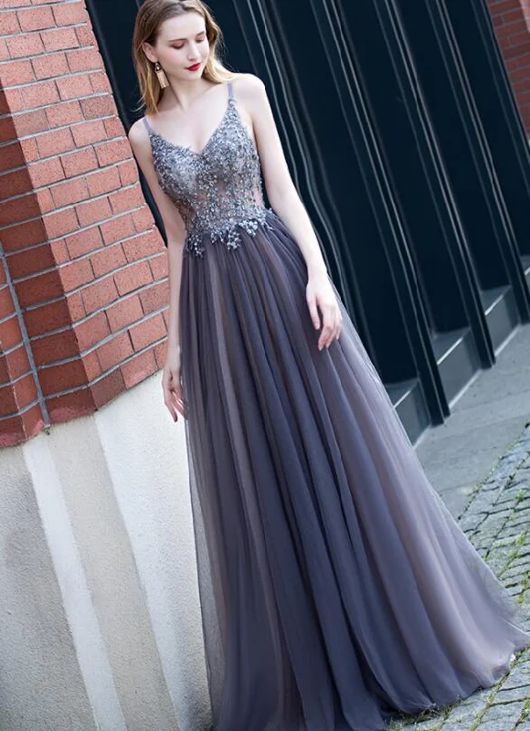 Beautiful Tulle V-neckline Beaded and Lace Long Party Dress, New A-line Prom Dress Tunics Solid Classic
