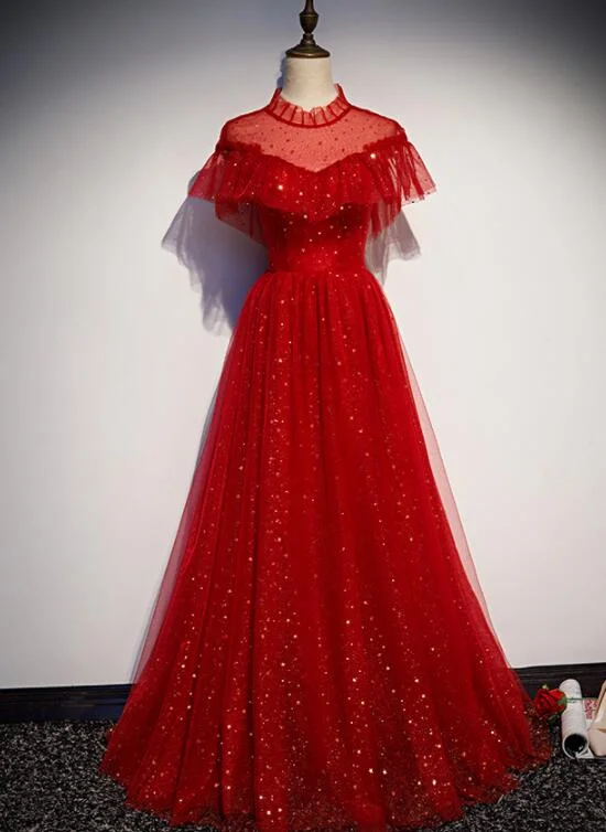 Red Sequins Tulle High Neckline Long Shiny Prom Dress, Red Long Evening Dress Party Dress Tunics Handmade artisanal Red Sequins Tulle High Neckline Long Shiny Prom Dress, Red Long Evening Dress Party Dress Tunics Handmade artisanal