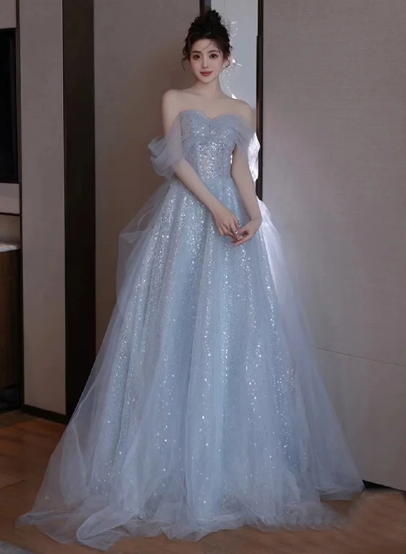 Light Blue Tulle Off Shoulder Beaded Party Dress, A-line Tulle Blue Formal Dress Prom Dress Tunics Velvet soft Light Blue Tulle Off Shoulder Beaded Party Dress, A-line Tulle Blue Formal Dress Prom Dress Tunics Velvet soft