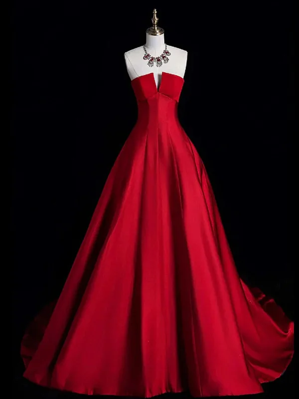 A-line Red Strapless Satin Long Formal Dress, Red Lace-up Party Dress Evening Dress Tunics Bestseller popular A-line Red Strapless Satin Long Formal Dress, Red Lace-up Party Dress Evening Dress Tunics Bestseller popular