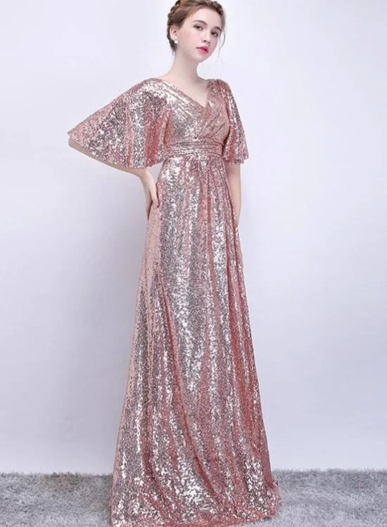 Beautiful Rose Gold Sequins Long Bridedsmaid Dresses, A-line Sequins Party Dress Tunics Evening elegant Beautiful Rose Gold Sequins Long Bridedsmaid Dresses, A-line Sequins Party Dress Tunics Evening elegant