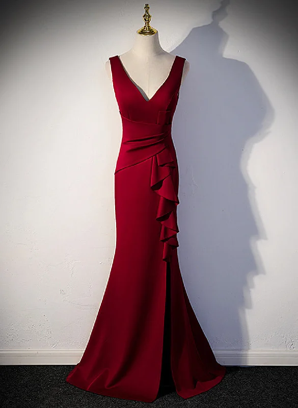 Wine Red V-neckline Mermaid Long Party Dress with Leg Slit, Wine Red Prom Dress Tunics Top rated Wine Red V-neckline Mermaid Long Party Dress with Leg Slit, Wine Red Prom Dress Tunics Top rated