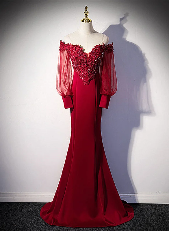 Burgundy Mermaid Long Sleeves Spandex with Lace Prom Dress, Burgundy Wedding Party Dress Tunics Recommended stylist Burgundy Mermaid Long Sleeves Spandex with Lace Prom Dress, Burgundy Wedding Party Dress Tunics Recommended stylist