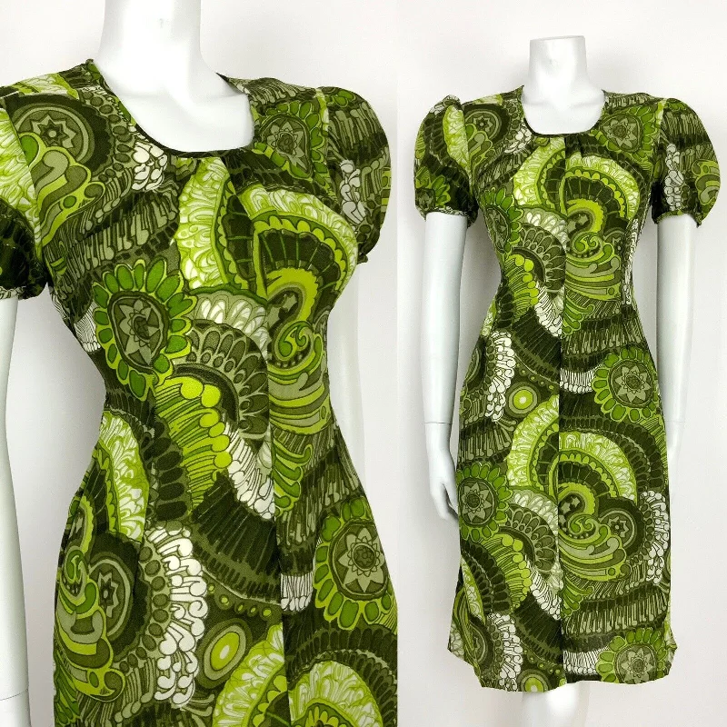 VTG 60s 70s GREEN WHITE FLORAL PSYCHEDELIC SHEER SHEATH DRESS 10 12 Tunics Yoga stretchy