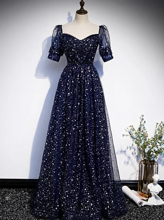Navy Blue Short Sleeves Sweetheart Long Party Dress, A-line Blue Evening Gown Sequined Elegant Party Navy Blue Short Sleeves Sweetheart Long Party Dress, A-line Blue Evening Gown Sequined Elegant Party