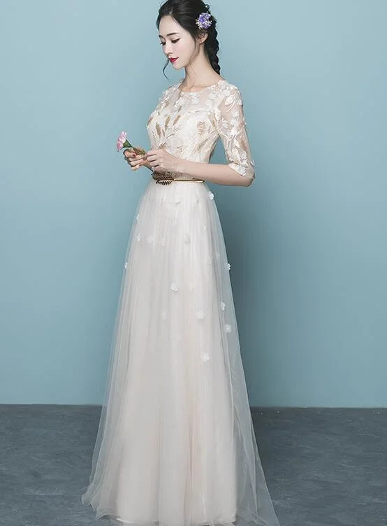 Ivory Elegant Short Sleeves Lace and Tulle Long Party Dress, A-line Ivory Long Bridesmaid Dresses Off-the-shoulder Bohemian Festive Ivory Elegant Short Sleeves Lace and Tulle Long Party Dress, A-line Ivory Long Bridesmaid Dresses Off-the-shoulder Bohemian Festive
