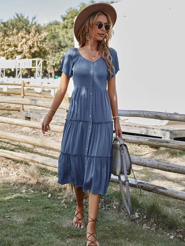 New casual button solid color short-sleeved loose dress Tunics Plaid country