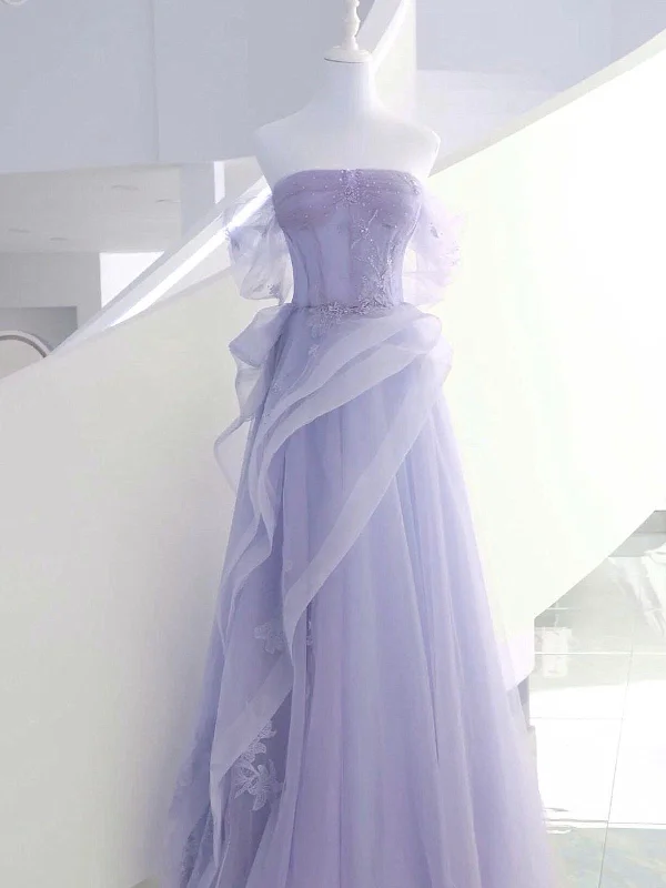 Light Purple Scoop Long Tulle Party Dress with Lace, Light Purple Strapless Prom Dress Tunics Winter warm Light Purple Scoop Long Tulle Party Dress with Lace, Light Purple Strapless Prom Dress Tunics Winter warm