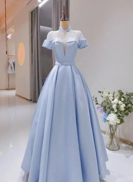 Light Blue Satin Short Sleeves High Neckline Long Evening Dress, New Style Party Dress Formal Dress Tunics Top rated Light Blue Satin Short Sleeves High Neckline Long Evening Dress, New Style Party Dress Formal Dress Tunics Top rated