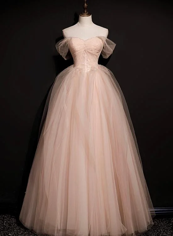 Pink Tulle Princess Beaded and Lace Long Formal Dress, Pink Party Dress Evening Dress Pleated Skirt Elegant