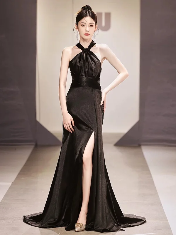 Black Satin Halter Cross Back Long Party Dress, Black Satin Evening Dress Prom Dress Tunics Trousers formal Black Satin Halter Cross Back Long Party Dress, Black Satin Evening Dress Prom Dress Tunics Trousers formal