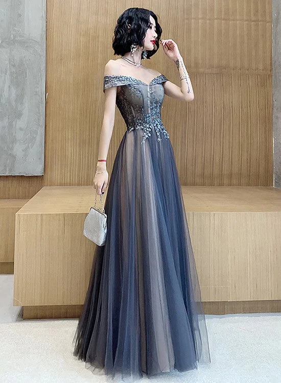 Dark Grey Tulle with Lace Applique Sweetheart Long Prom Dress, A-line Off Shoulder Party Dress A-Line Day Work Dark Grey Tulle with Lace Applique Sweetheart Long Prom Dress, A-line Off Shoulder Party Dress A-Line Day Work