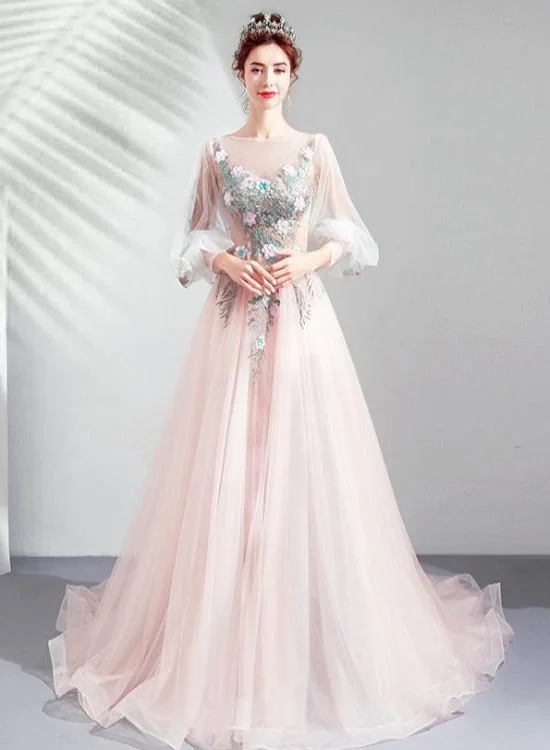 Charming Light Pink Tulle Puffy Sleeves Floor Length Party Dress, Pink A-line Pricess Gowns Prom Dress Lace Sexy Club Charming Light Pink Tulle Puffy Sleeves Floor Length Party Dress, Pink A-line Pricess Gowns Prom Dress Lace Sexy Club