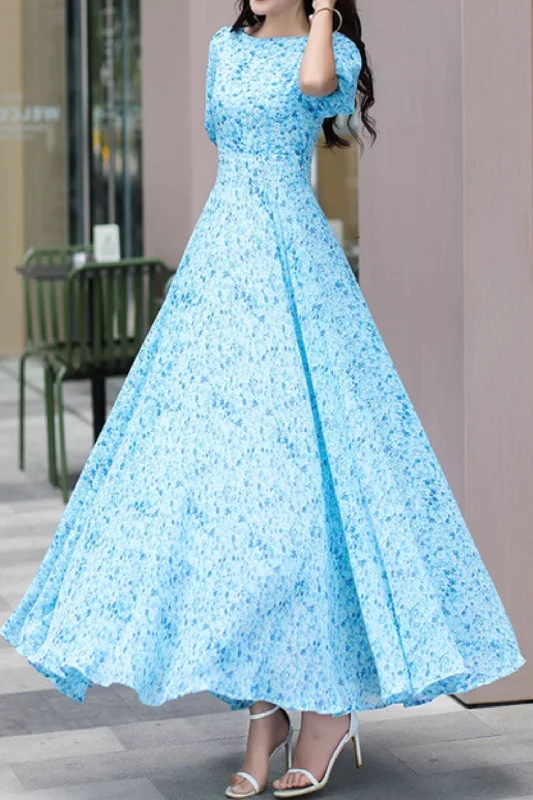 Maxi blue floral summer chiffon dresses 5017 Tunics Long Elegant